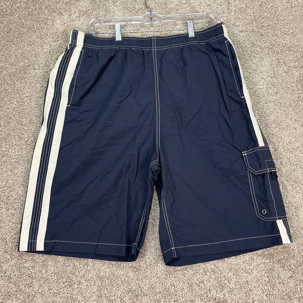 Gap Swim Trunks Men L Navy Blue White Side Stripe Cargo Pocket Mesh Board Shorts